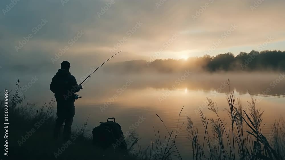 A man is fishing in a lake with a foggy sky in the background A man is fishing in a lake with a foggy sky in the background