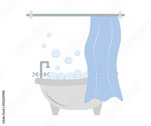 Bathtub with foam. Vector flat style illustration of bathtub with curtain and foam