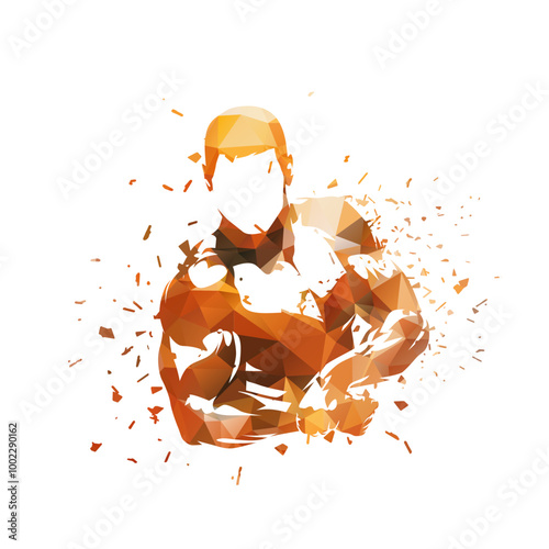 Bodybuilding logo, low poly isolated vector illustration of posing bodybuilder