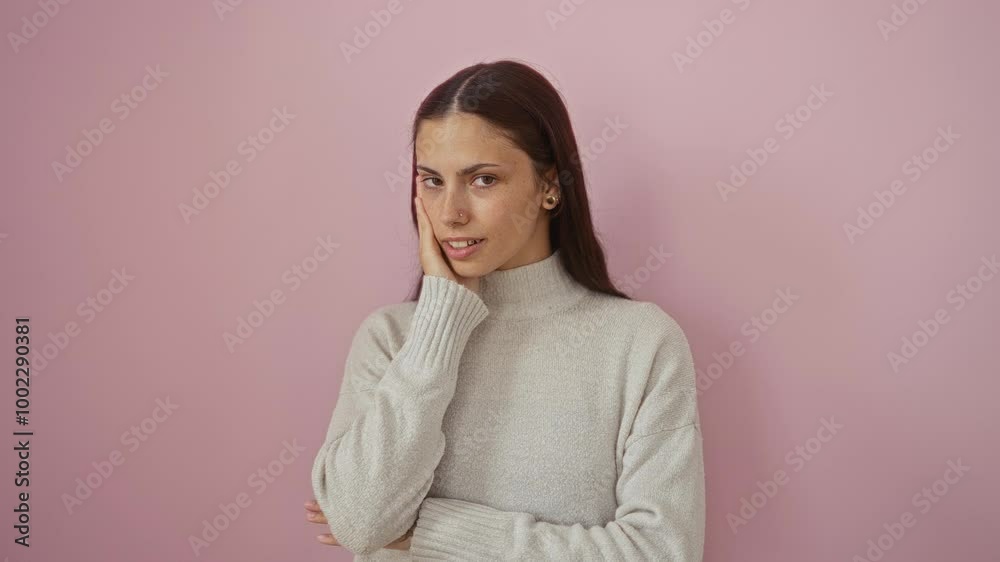 Young woman with brunette hair stands against a pink wall wearing a beige sweater, displaying various expressions and hand gestures, isolated over a solid colored background. Young woman with brunette hair stands against a pink wall wearing a beige sweater, displaying various expressions and hand gestures, isolated over a solid colored background.