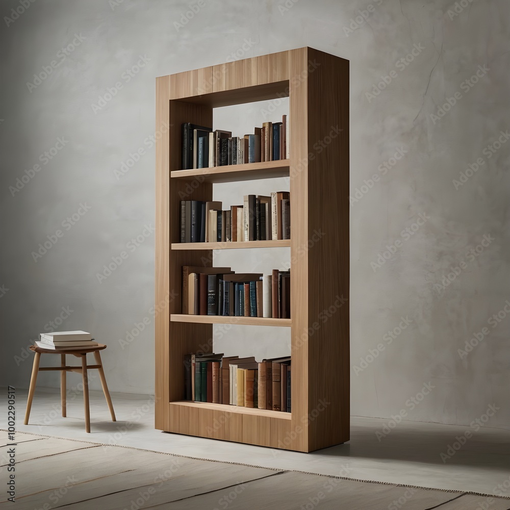 A minimalist bookshelf with books arranged to appear as if they are floating, using clean lines and neutral tones to create a sense of weightlessness. A minimalist bookshelf with books arranged to appear as if they are floating, using clean lines and neutral tones to create a sense of weightlessness.