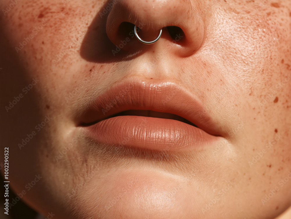 Extreme close-up of freckled lips and nose with a septum ring, highlighting natural skin texture and glowing sunlight Extreme close-up of freckled lips and nose with a septum ring, highlighting natural skin texture and glowing sunlight