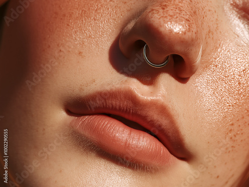 Extreme close-up of freckled lips and nose with a septum ring, highlighting natural skin texture and glowing sunlight