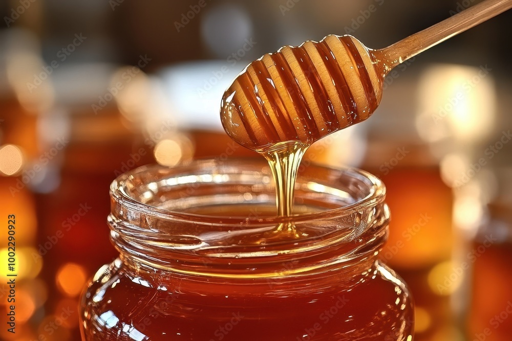 Golden honey dripping from a wooden dipper into a glass jar on a sunny kitchen table in the morning Golden honey dripping from a wooden dipper into a glass jar on a sunny kitchen table in the morning