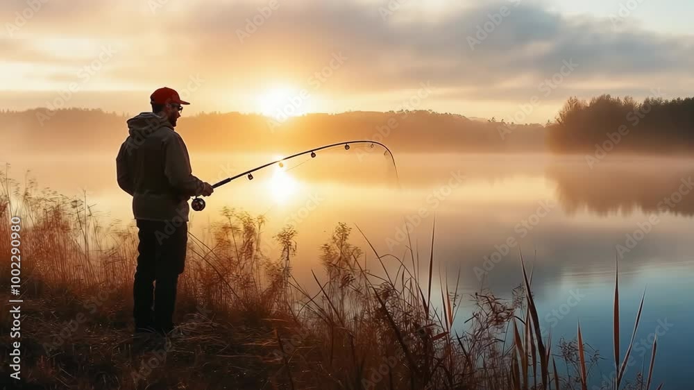 A man is fishing in a lake with a beautiful sunset in the background. The water is calm and the sky is orange and pink A man is fishing in a lake with a beautiful sunset in the background. The water is calm and the sky is orange and pink