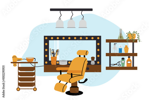 Beauty salon interior. Hair design studio or beauty salon with furniture, mirror, chairs, hairdryer