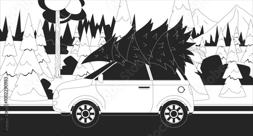 Carrying Christmas tree on car black and white line illustration. Transporting fir spruce on automobile roof 2D object monochrome background. Auto riding through winter woods outline vector image