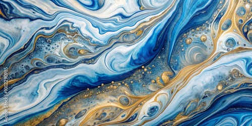 Abstract Swirls of Blue, Gold, and White in Fluid Art A Cosmic Dance of Color and Texture