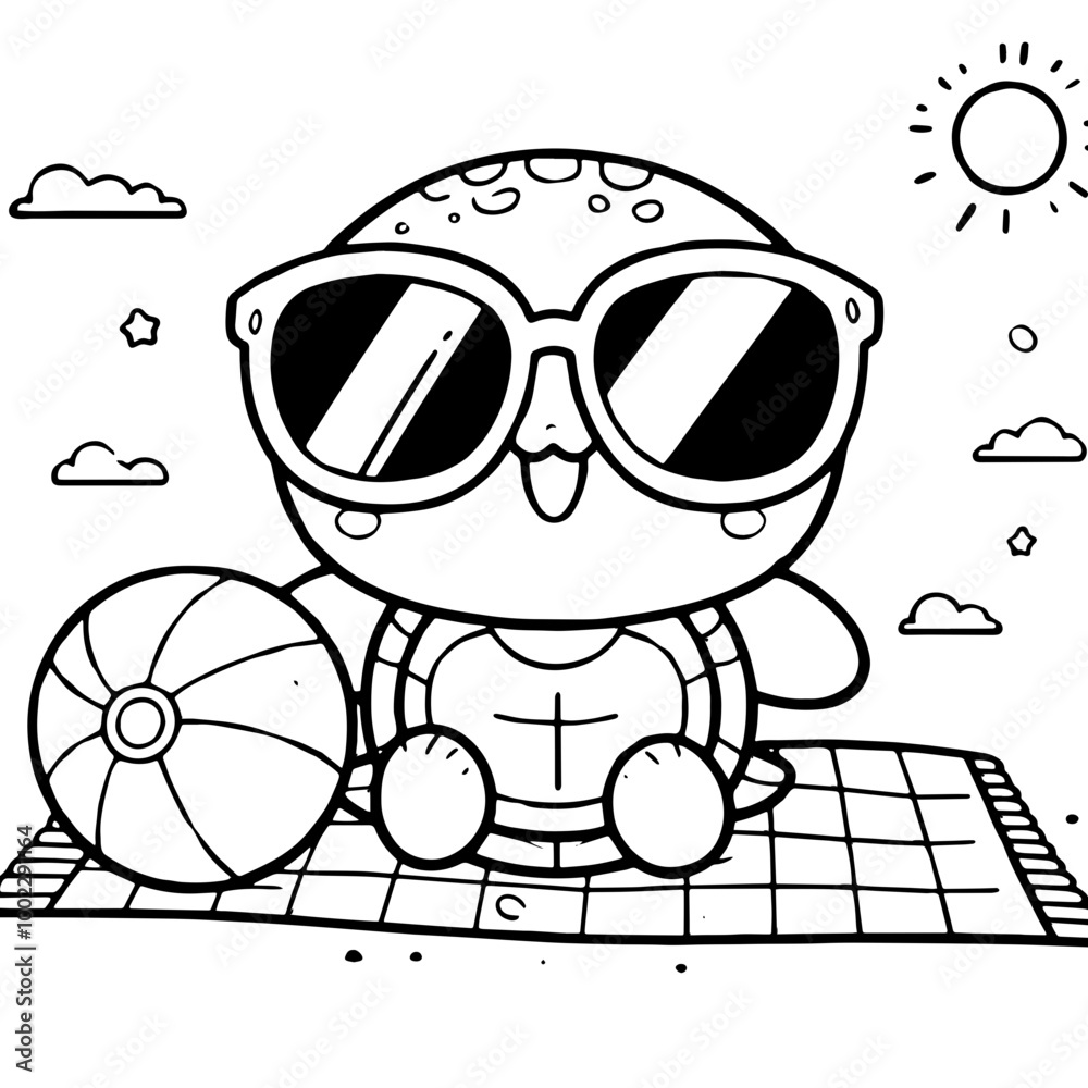 Naklejka premium line Cute baby turtle wearing sunglasses on the beach