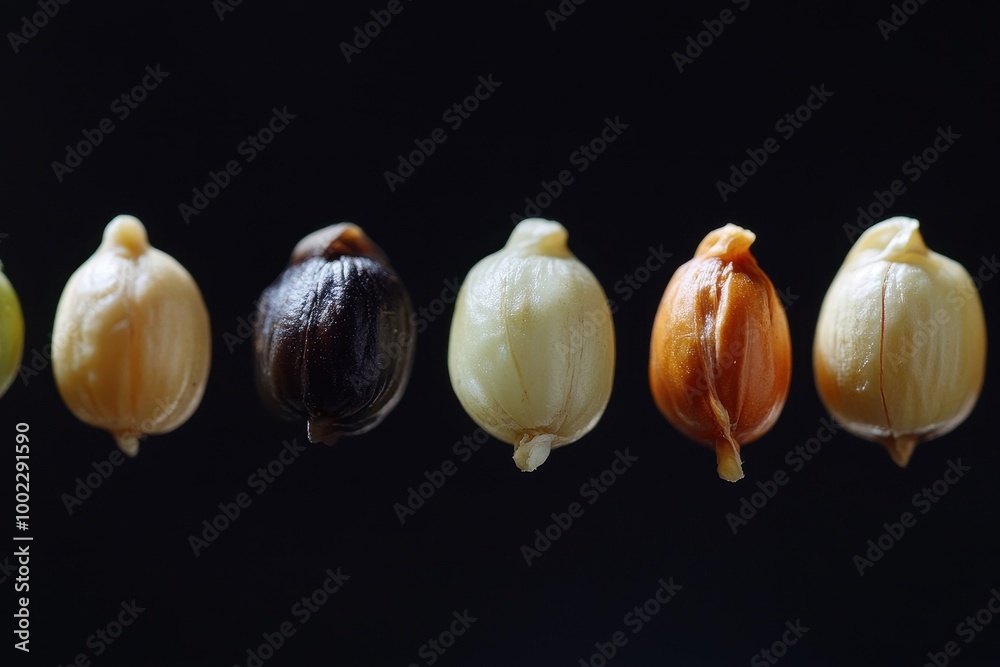 Obraz premium Different varieties of seeds arranged in a row showcasing their unique colors and shapes
