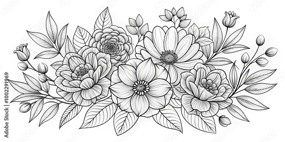 Fototapeta Black and White Floral Bouquet - Detailed Line Art Illustration of Five Flowers and Leaves on a White Background