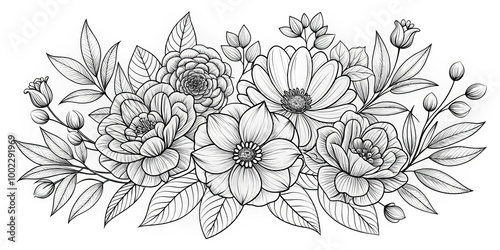 Black and White Floral Bouquet - Detailed Line Art Illustration of Five Flowers and Leaves on a White Background