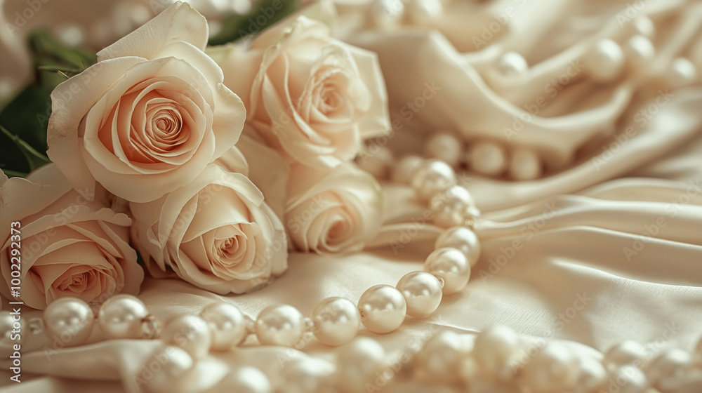 Elegant cream roses with pearls on luxurious satin fabric Elegant cream roses with pearls on luxurious satin fabric