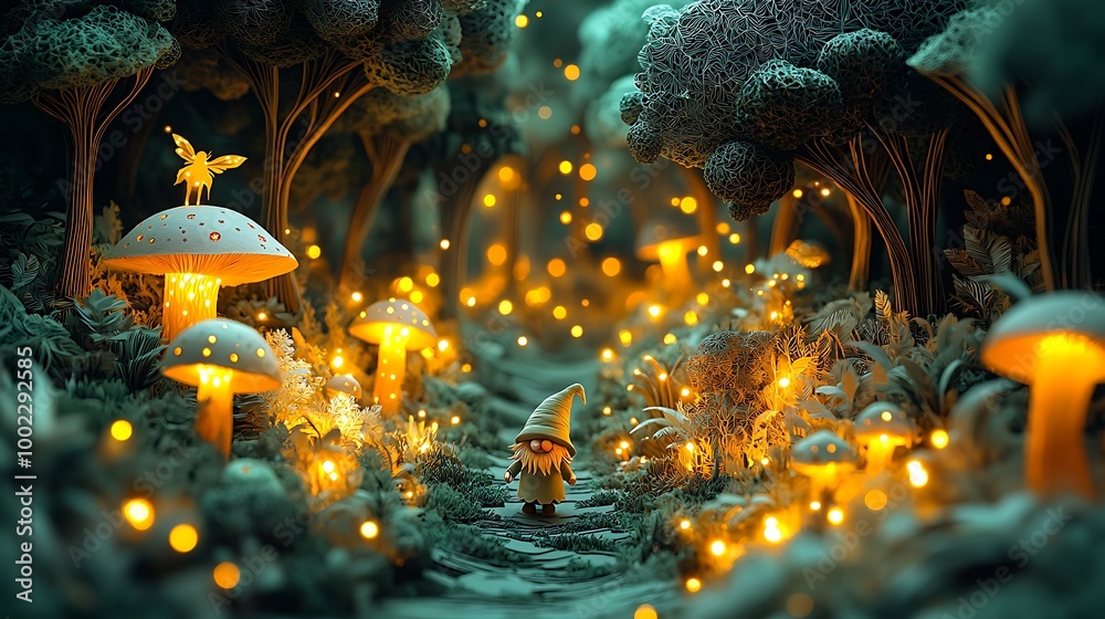 A gnome wandering through a magical forest filled with glowing mushrooms and sparkling lights, surrounded by mythical creatures like fairies and fireflies, A gnome wandering through a magical forest filled with glowing mushrooms and sparkling lights, surrounded by mythical creatures like fairies and fireflies,