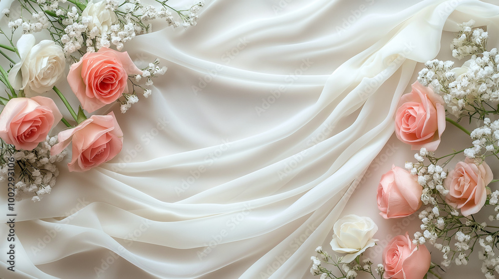 Pink and white roses with baby’s breath on elegant ivory silk fabric. Empty copy space in center Pink and white roses with baby’s breath on elegant ivory silk fabric. Empty copy space in center
