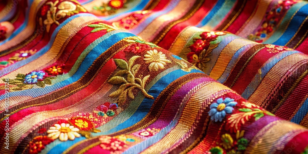 Embroidered Tapestry A Symphony of Color and Texture in Close-Up Embroidered Tapestry A Symphony of Color and Texture in Close-Up