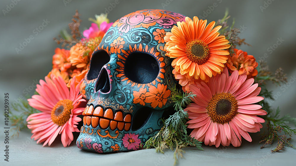 Fototapeta premium Colorful day of the dead skull adorned with vibrant flowers, symbolizing Mexican tradition and culture on a light background.