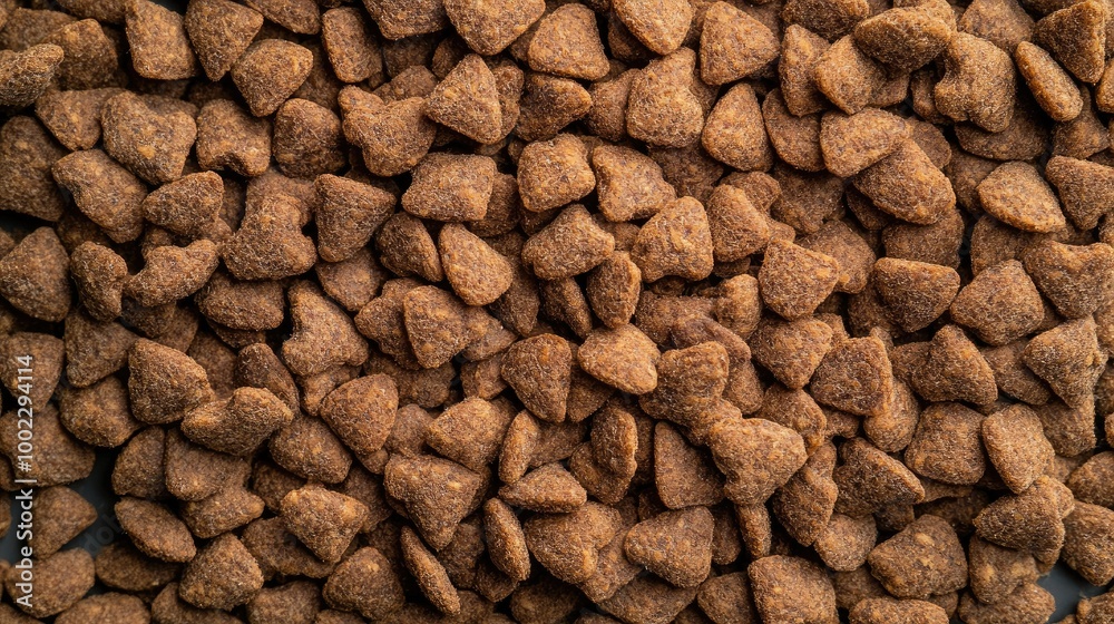 A pile of dry brown kibble, showing the texture, variety of shapes, and sizes up close, ready for feeding time. A pile of dry brown kibble, showing the texture, variety of shapes, and sizes up close, ready for feeding time.
