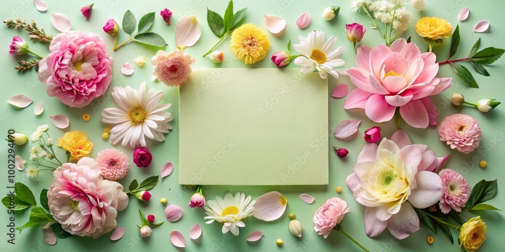 Floral Symphony Pastel Hues and Delicate Blooms on Green Background with Blank Square Canvas for Message Floral Symphony Pastel Hues and Delicate Blooms on Green Background with Blank Square Canvas for Message