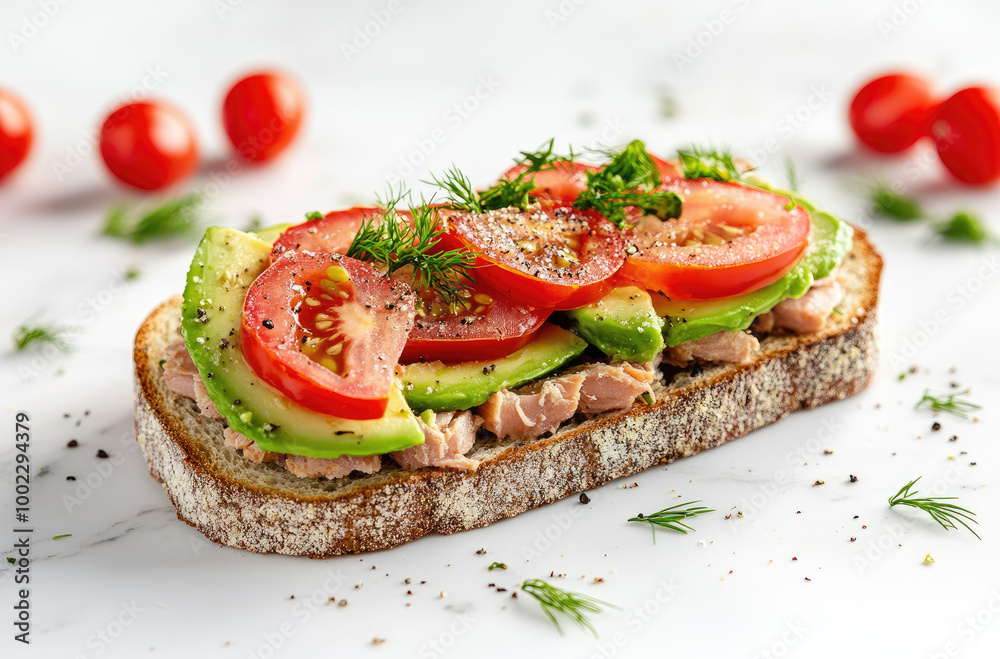 Artistic Open-Faced Tuna Sandwich with Avocado for a Healthy Meal Option Artistic Open-Faced Tuna Sandwich with Avocado for a Healthy Meal Option