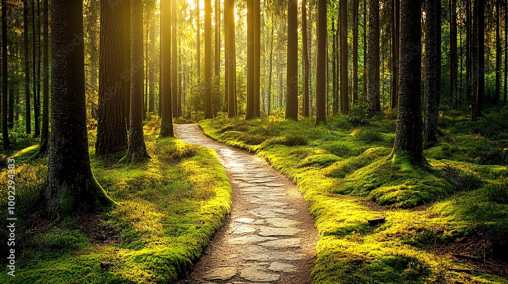 Obraz premium A winding stone path through a lush forest, sunlight filtering through the trees, creating a warm and inviting atmosphere.