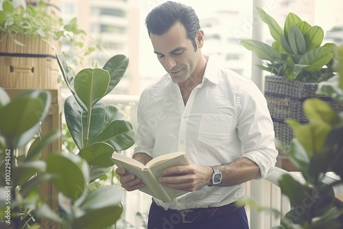 Young man leaves technology to read a book at home. Concept of digital detox  spend time at home. photo