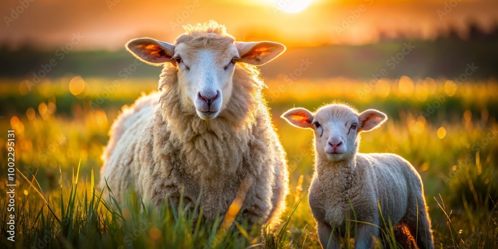 Obraz premium Golden Hour Lambs Mother and Child Sheep Standing in a Field of Grass with a Sun-Kissed Glow
