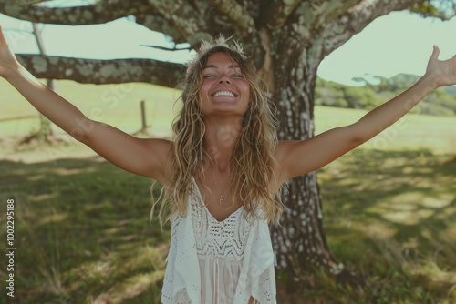 Woman celebrates freedom in nature  embraces positivity and self improvement. photo