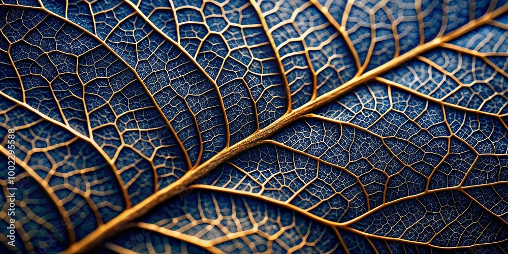 Obraz premium Golden Veins on a Blue Leaf A Macro Perspective of Nature's Intricate Design