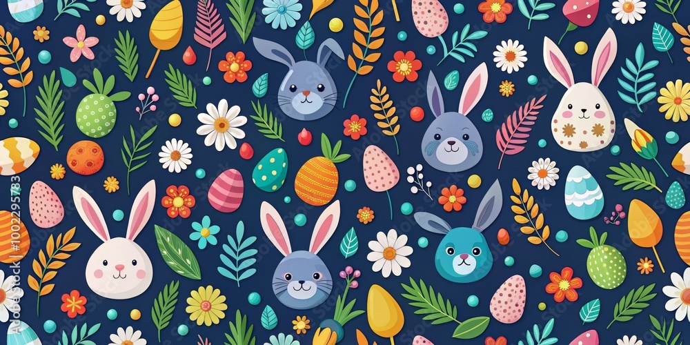 Naklejka premium Happy Easter Bunny and Eggs on Blue Background - A Vibrant Seamless Pattern with Flowers and Leaves