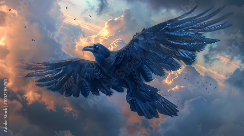 Horror and dark wallpaper of a crow with a heavy black clouds background.