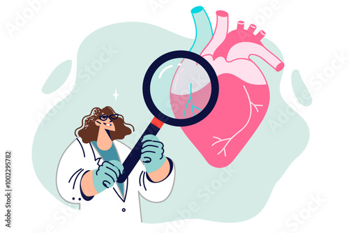 Woman doctor cardiologist examines heart, standing with magnifying glass and analyzing cardio system