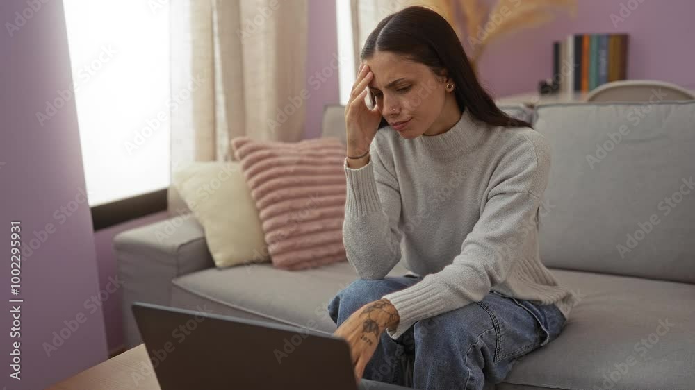Young woman sitting on a sofa in a stylish living room, looking at her laptop screen with a concerned expression, surrounded by soft pillows and books, indoors Young woman sitting on a sofa in a stylish living room, looking at her laptop screen with a concerned expression, surrounded by soft pillows and books, indoors