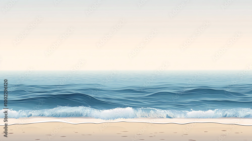 Fototapeta premium Calm blue ocean waves lapping on a sandy beach under a hazy sky.