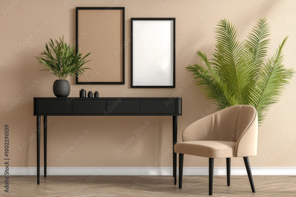 Design template for a stylish modern living room interior with two mock up poster frames, a black geometric commode, an armchair and a leaf in a vase. Neutral colors.