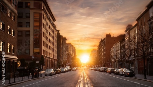 Golden sunset over city street