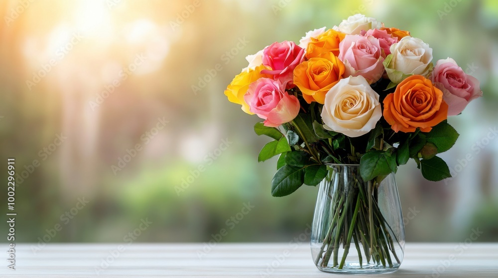 Obraz premium Beautiful Bouquet of Multicolored Roses in a Glass Vase on a Wooden Table, Bathed in Soft Sunlight, Highlighting the Vibrant Orange, Pink, and White Blooms Against a Blurred Green Background