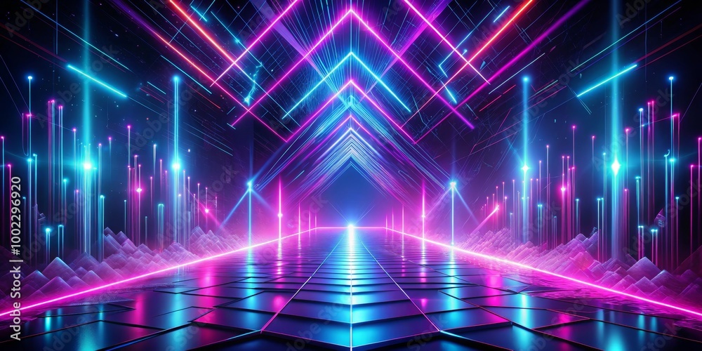 Obraz premium Neon Lights and Reflective Tiles An Abstract Journey Through a Digital Landscape