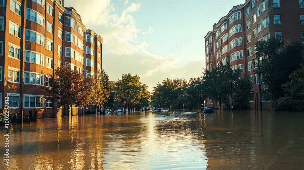 Flooded urban street scene with residential buildings, trees, and submerged cars at sunset, highlighting natural disaster impact. Flooded urban street scene with residential buildings, trees, and submerged cars at sunset, highlighting natural disaster impact.