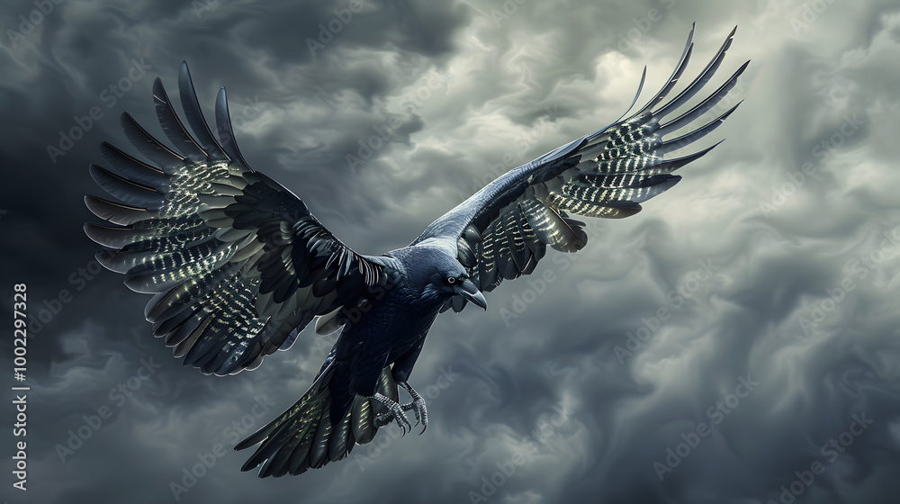 Obraz premium Horror and dark wallpaper of a crow with a heavy black clouds background.