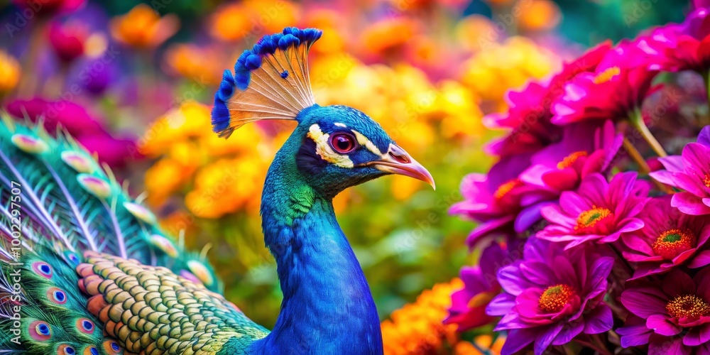 Peacock's Gaze Amidst a Tapestry of Blooms A Close-Up Portrait of a Peacock's Head Against a Background of Vividly Colored Flowers Peacock's Gaze Amidst a Tapestry of Blooms A Close-Up Portrait of a Peacock's Head Against a Background of Vividly Colored Flowers