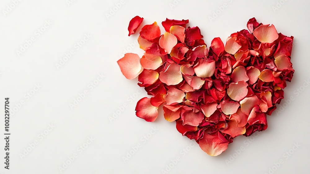  A heart-shaped arrangement of red and pink petals on a white background, providing space for text or an image
