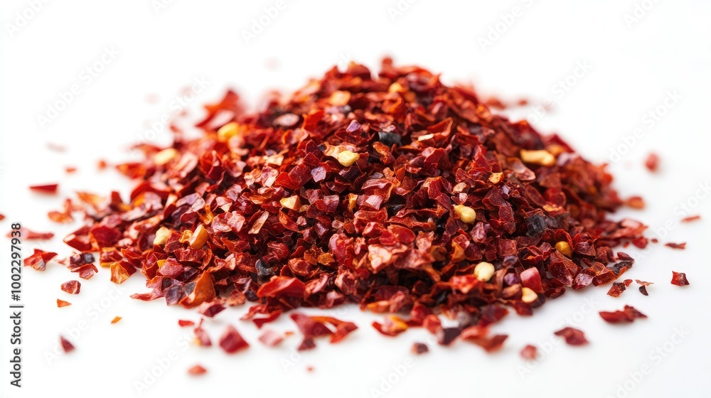 A vibrant pile of finely crushed red chili peppers scattered on a white surface, showing the fiery red spice and granular texture. A vibrant pile of finely crushed red chili peppers scattered on a white surface, showing the fiery red spice and granular texture.