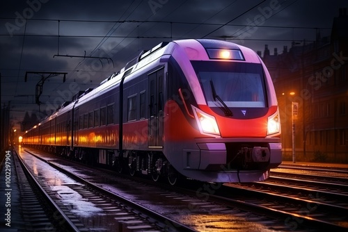 A modern train approaches a station illuminated by evening lights during the twilight hours