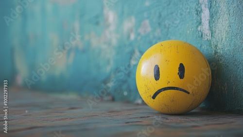 Sad yellow emoticon on ground with blue background photo