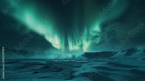 Green Aurora Borealis Display Over a Snowy Landscape at Night
