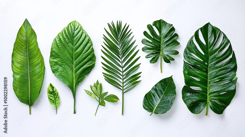 Collection of green leaves on a white background.