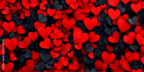 A large red and black heart patterned background with many small red hearts scattered throughout. Concept of love and warmth