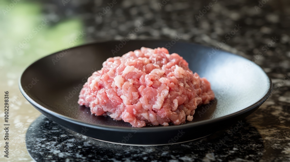 Fresh ground turkey on a black plate, perfect for cooking a variety of delicious meals. Healthy and lean protein option. Fresh ground turkey on a black plate, perfect for cooking a variety of delicious meals. Healthy and lean protein option.