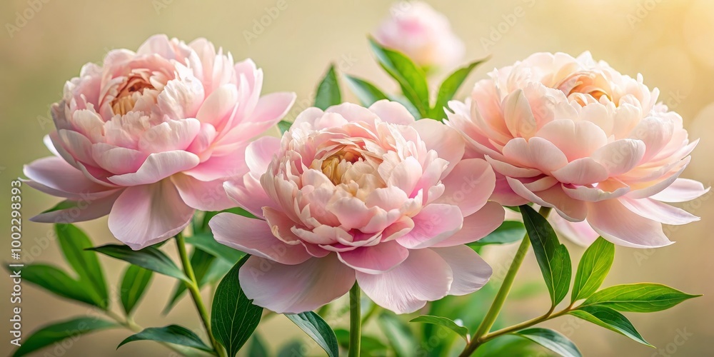Soft Pastel Peonies in a Delicate Embrace Three Peonies Blooming in a Tender Arrangement with Lush Green Foliage and a Blurred Background of Warm Light Soft Pastel Peonies in a Delicate Embrace Three Peonies Blooming in a Tender Arrangement with Lush Green Foliage and a Blurred Background of Warm Light